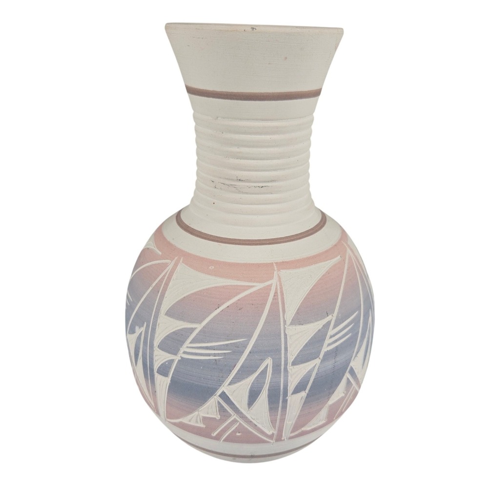 Vintage Mexican Pottery Southwest‎ Style Vase Blue & Pink Pastel on White Signed